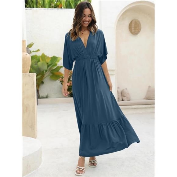 Women’s Summer V Neck Batwing Short Sleeve Loose High Waist Flowy Maxi Dress - Picture 6 of 7